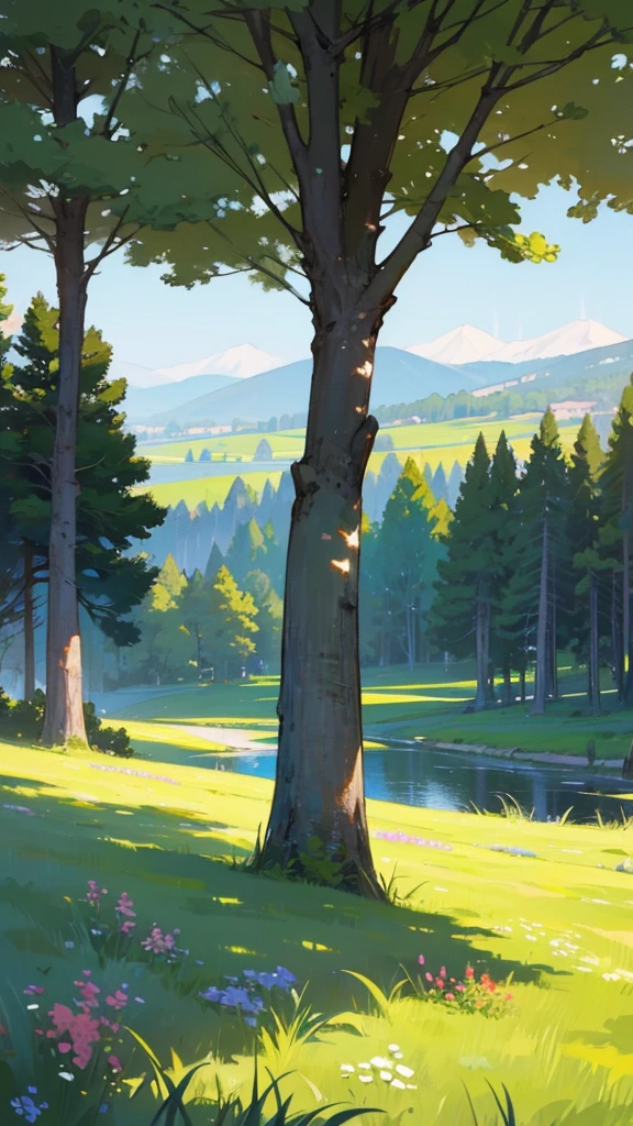 A realistic artistic painting place should be surrounded by natural beauty, such as a green garden with colorful trees and flowers. There could be a view of a wonderful landscape, such as a quiet lake or mountains in the background. The sun is shining brightly, illuminating the place beautifully, and in addition, the moon can be seen in the sky.”