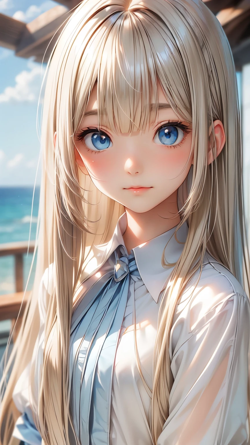 Shiny platinum blonde silk super long straight hair, beautiful shiny bangs, big clear sky blue eyes, very beautiful bright eye highlights, Embarrassing, Blushing