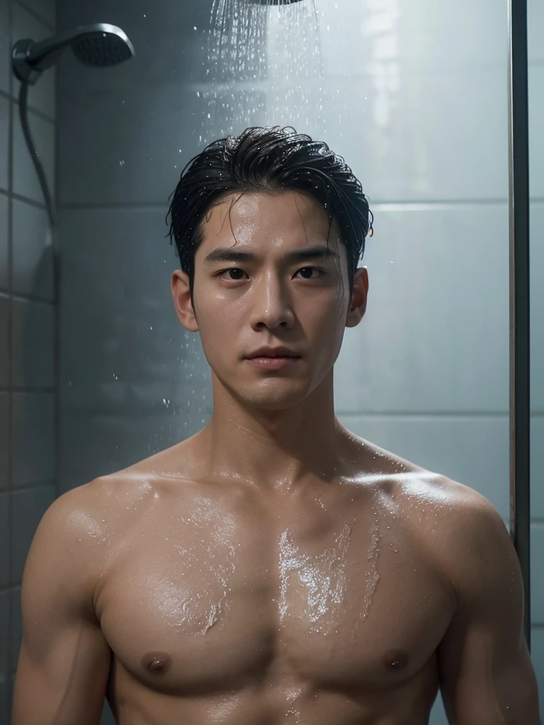 There was a man standing in the shower and his head foamy., Glittering from the rain, water dripping from him, Movie screen capture, South Korean man, movie screenshot, Still from the live action movie., Oh yes, Scenes from live-action movies, jin kim, Sweating. water vapor in the air, [ Realistic photos ]!!, Advertising picture