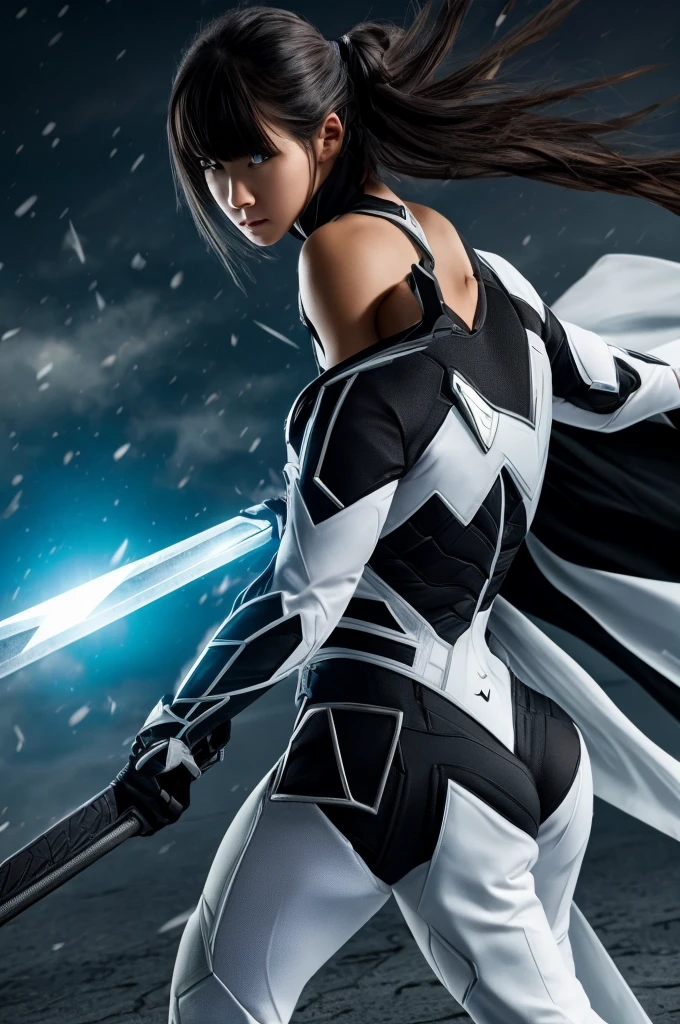 superhero, modern super hero costume, white bat costume, style like the black mouse suit and the Batman suit, suit for girl, ninja, with a Chinese sword, Beautiful Chinese woman, Chinese woman with bangs, courageous character, Kind, Brave, determination, on the battlefield, atmospheric perspective, Motion blur, 8K, super detailing, Best quality, uhd, high detail