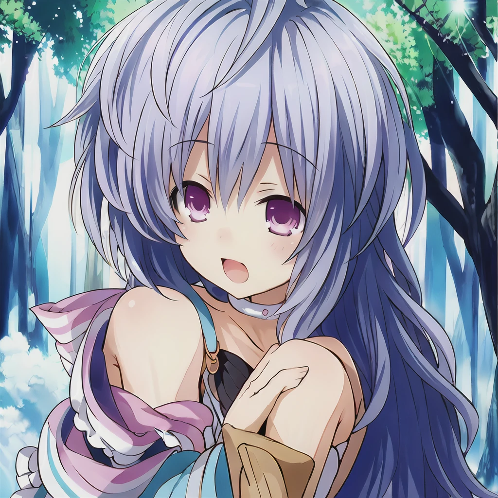 masterpiece, best quality, highly detailed, 1girl, plutia, outside, trees, clouds, sunny, lens flare, beautiful