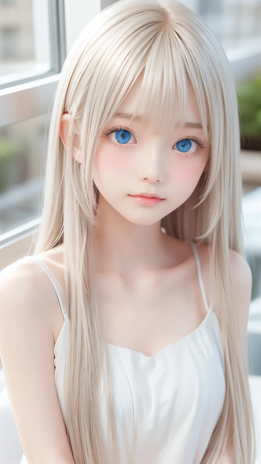 Shiny platinum blonde silk super long straight hair, beautiful shiny bangs, big clear sky blue eyes, very beautiful bright eye highlights, Embarrassing, Blushing