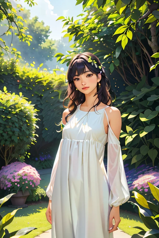 (best quality,4k,8k,highres,masterpiece:1.2),ultra-detailed,(realistic,photorealistic,photo-realistic:1.37),beautiful detailed eyes,beautiful detailed face,flowing curly hair,vibrant colors,soft lighting,dreamy atmosphere,summer garden,blooming flowers,gentle breeze,illustration,HD,studio lighting,portraits,pastel color palette,warm sunlight,airy feeling,peaceful environment,lush foliage,subtle shadows,dappled light,magical ambiance,serene mood,graceful movement,delicate petals,blurred background,elegant posture,harmonious composition,vivid hues,tranquil scene,nature-inspired,ethereal beauty,serene expression,delightful summer day. Full body shot. Sun behind shining through clothing. No underwear. Hard nipples