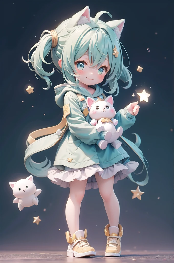 (masterpiece、Highest quality、Dynamic composition),  One girl,  Little,  Particles of light、smile、star、流star群、holding a stuffed rabbit、kawaii tech,