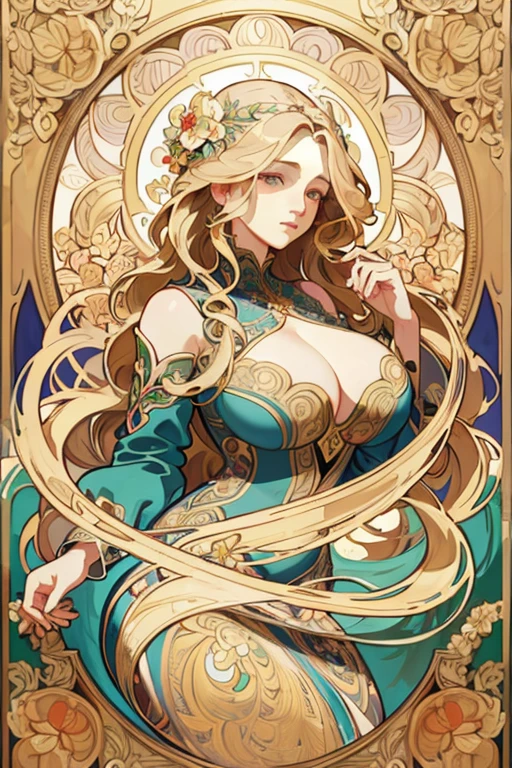 European woman face portrait , Long Curly Hair, blonde, Floral frame, Decorative panel, Abstract Photorealistic, Artistic, Alphonse Mucha
(masterpiece, Highest quality, High resolution:1.4), detailed, Intricate details, 4K, Splashes of color, Line art, Fibonacci, Deep lighting, Contrasting Light, Bright soft light, Curvy, Big Breasts, Cleavage
