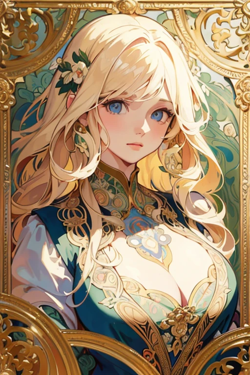 European woman face portrait , Long Curly Hair, blonde, Floral frame, Decorative panel, Abstract Photorealistic, Artistic, Alphonse Mucha
(masterpiece, Highest quality, High resolution:1.4), detailed, Intricate details, 4K, Splashes of color, Line art, Fibonacci, Deep lighting, Contrasting Light, Bright soft light, Curvy, Big Breasts, Cleavage