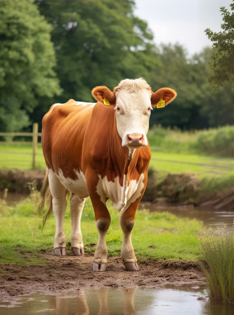 there is a cow standing in a field next to a pond, cow, bovine, an ox, cows, by Andries Stock, the second… like a calf, by Abraham van Beijeren, stock photo, by Jan Tengnagel, that resembles a bull\'s, by Julian Hatton, mixed art, proud looking, beefy, beef, portrait shot