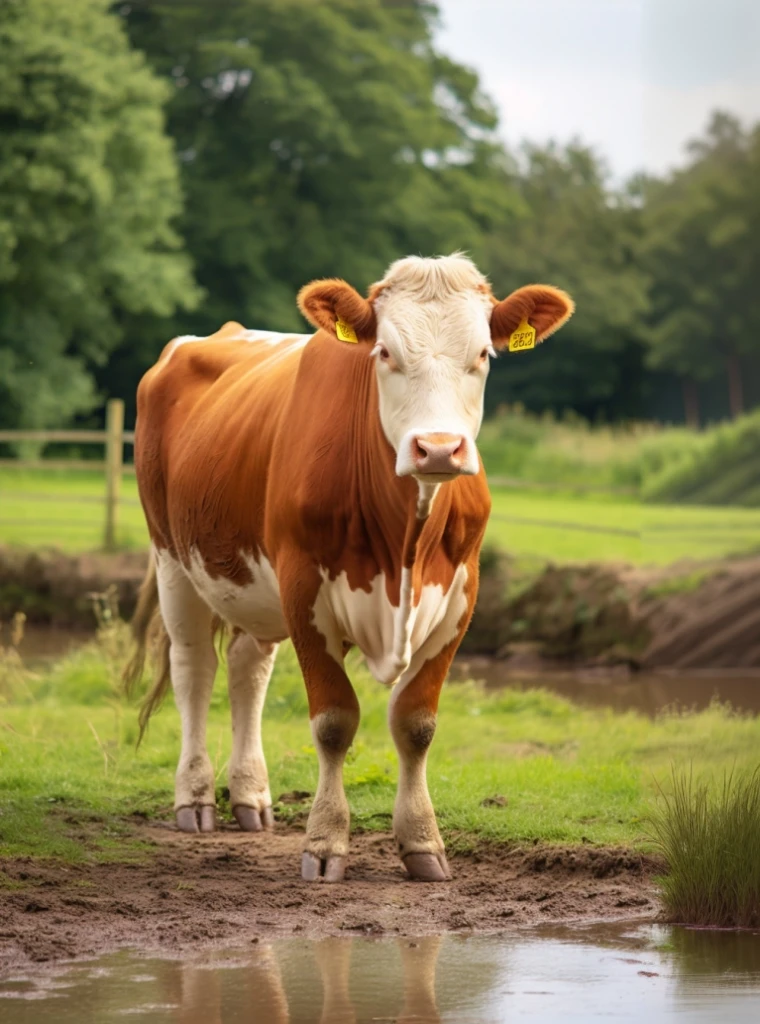 there is a cow standing in a field next to a pond, cow, bovine, an ox, cows, by Andries Stock, the second… like a calf, by Abraham van Beijeren, stock photo, by Jan Tengnagel, that resembles a bull\'s, by Julian Hatton, mixed art, proud looking, beefy, beef, portrait shot