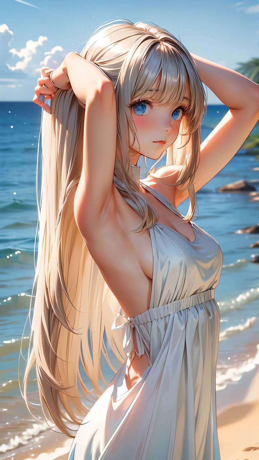 master piece , best quality , detailed , woman , bangs , dresses , standing , hands up , armpit , (from side) , beach, Shiny platinum blonde silk super long straight hair, beautiful shiny bangs, big clear sky blue eyes, very beautiful bright eye highlights, Embarrassing, Blushing