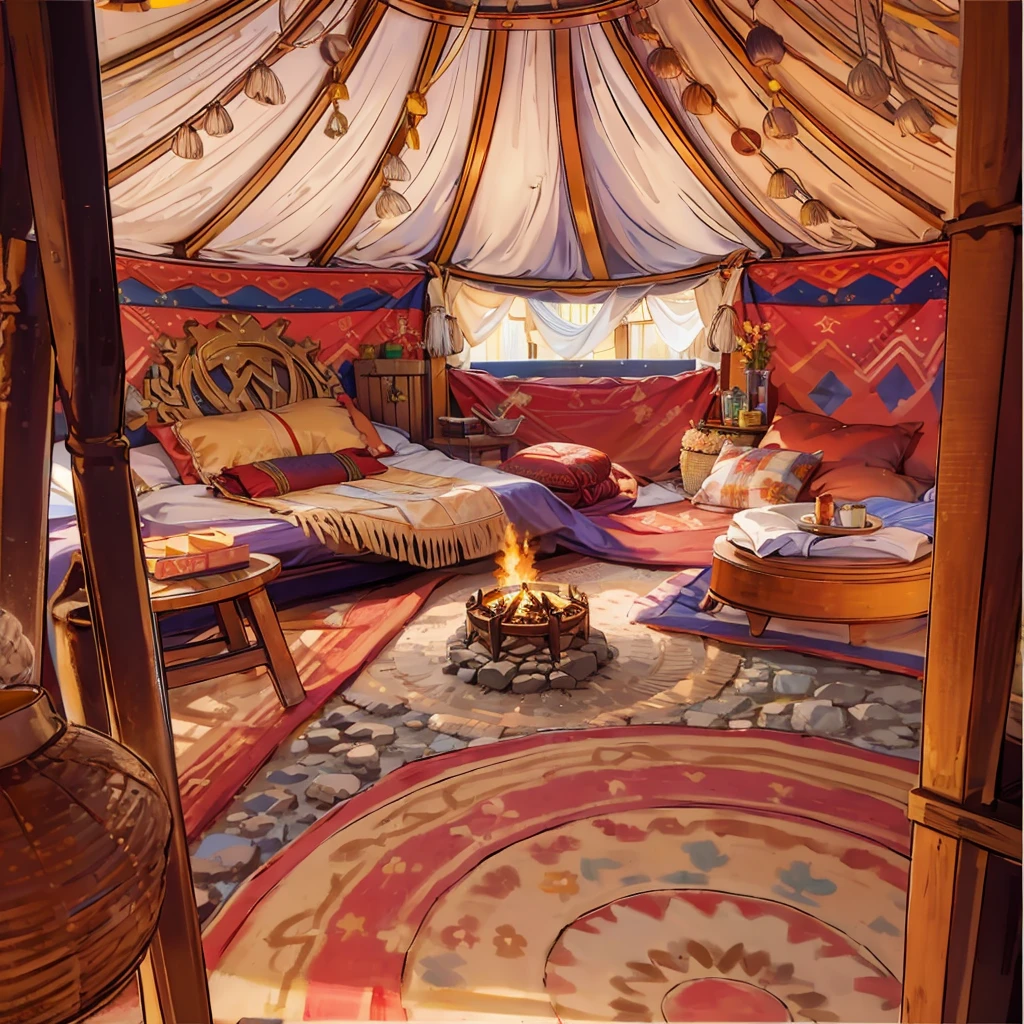 Inside the yurt, Bonfire in the middle, land, pillows, stool, Ottoman, straw basket