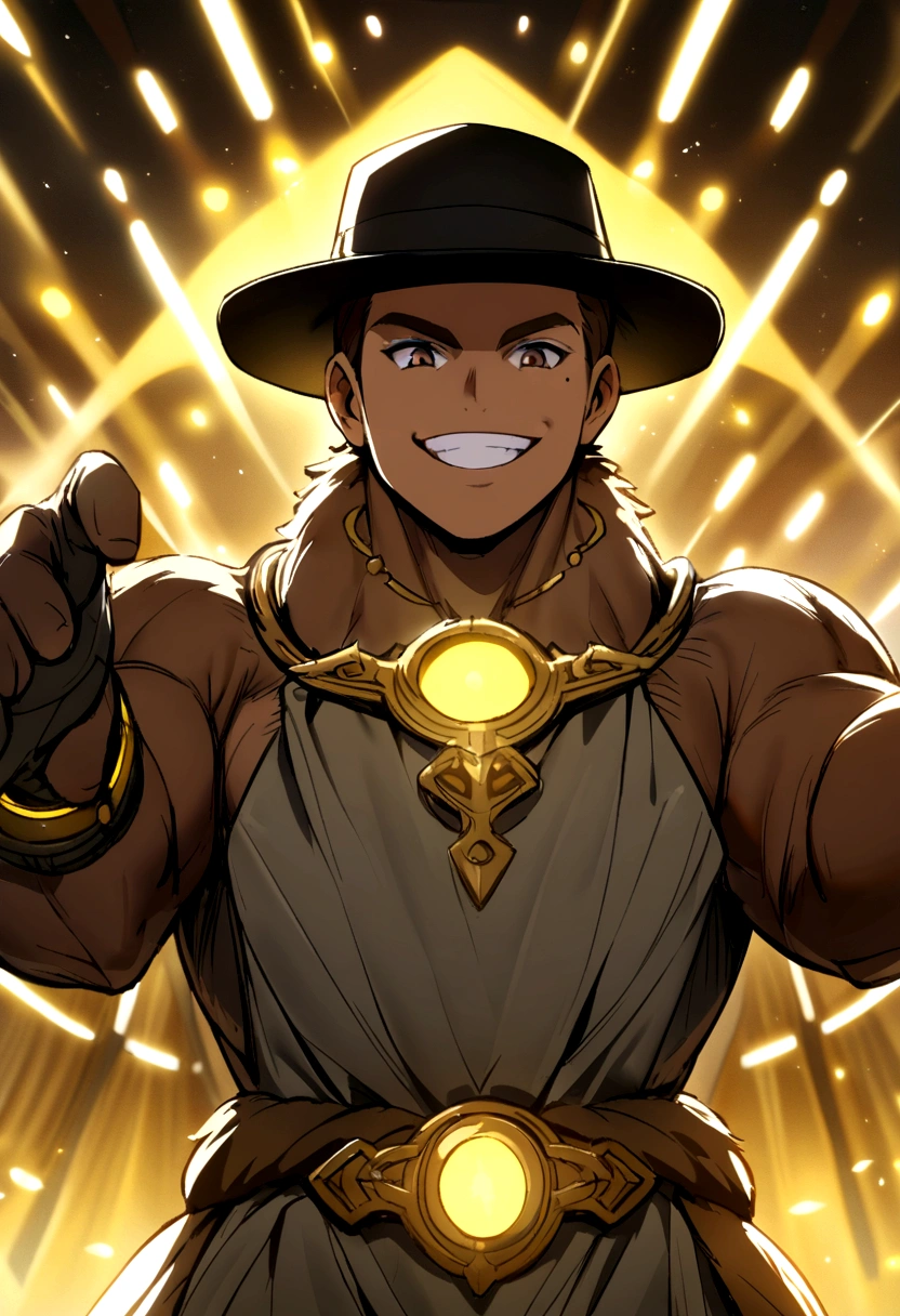 brown male mole, brown eyes, 2 mole teeth, black hat with yellow lights, brown fur with yellow center, grey loincloth, smile