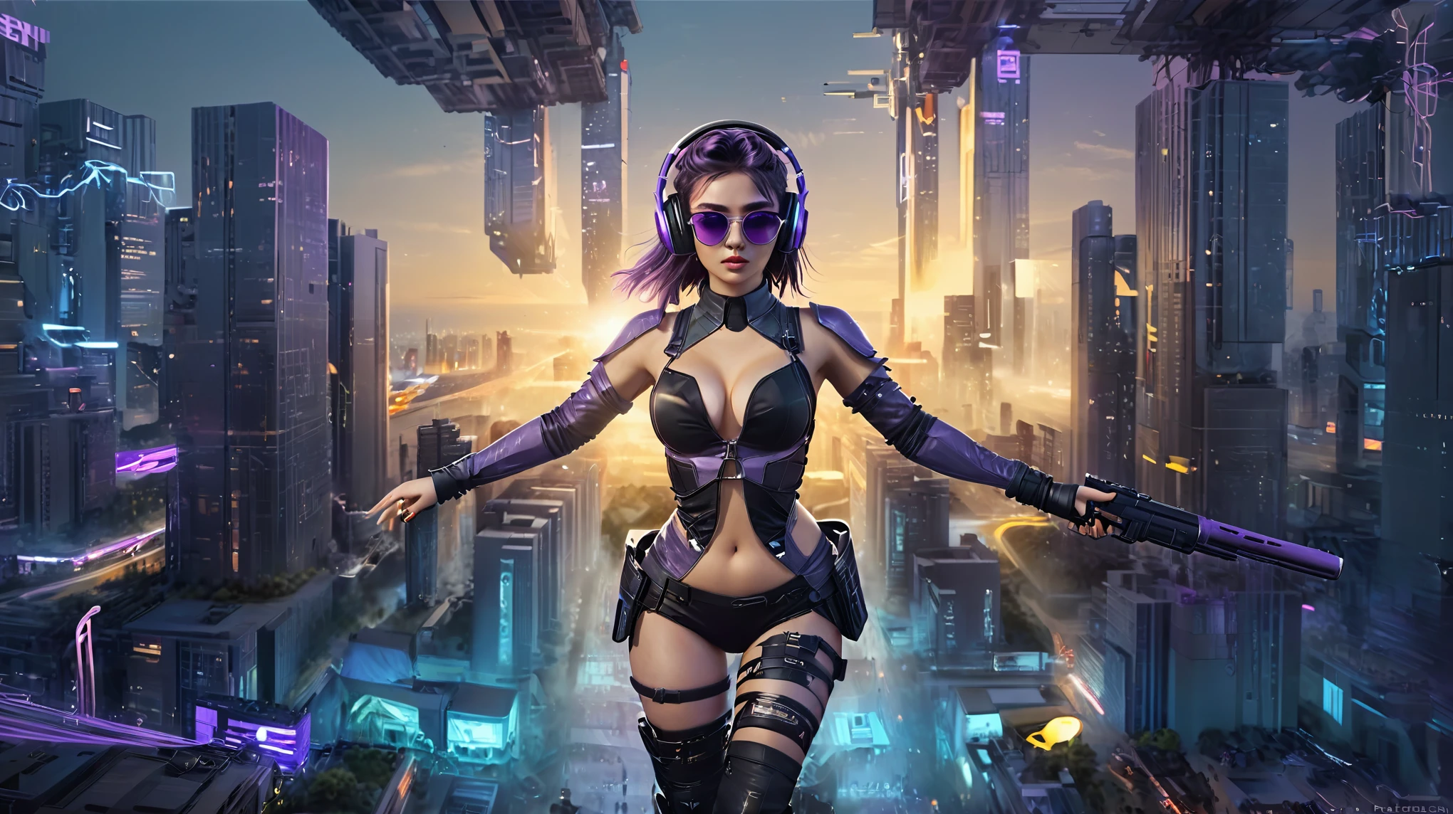 masterpiece, best quality, high resolution, 8k, (Portrait Photos:1.5), (R Original Photo), real picture, Digital Photography, (A fusion of cyberpunk and fantasy), 20 year old girl, solo, (((black sunglasses, headphone))), Feel free to hairstyle, Purple Eyes, By Bangs, (large breasts, cleavage, Accessories, Elegant and charming, Combination of cyberpunk and fantasy style clothing, Hollow carving design, Photo poses, Realistic style, (((((((pistol shooting pose))))))), oc render reflection texture, sentry, (((((aerial view of Cyberpunk style future city, 1 giant (((Chinese Terracotta Warrior))) sculpture))))), night, Bustling streets, (((((half-body (thigh level) medium shot))))).