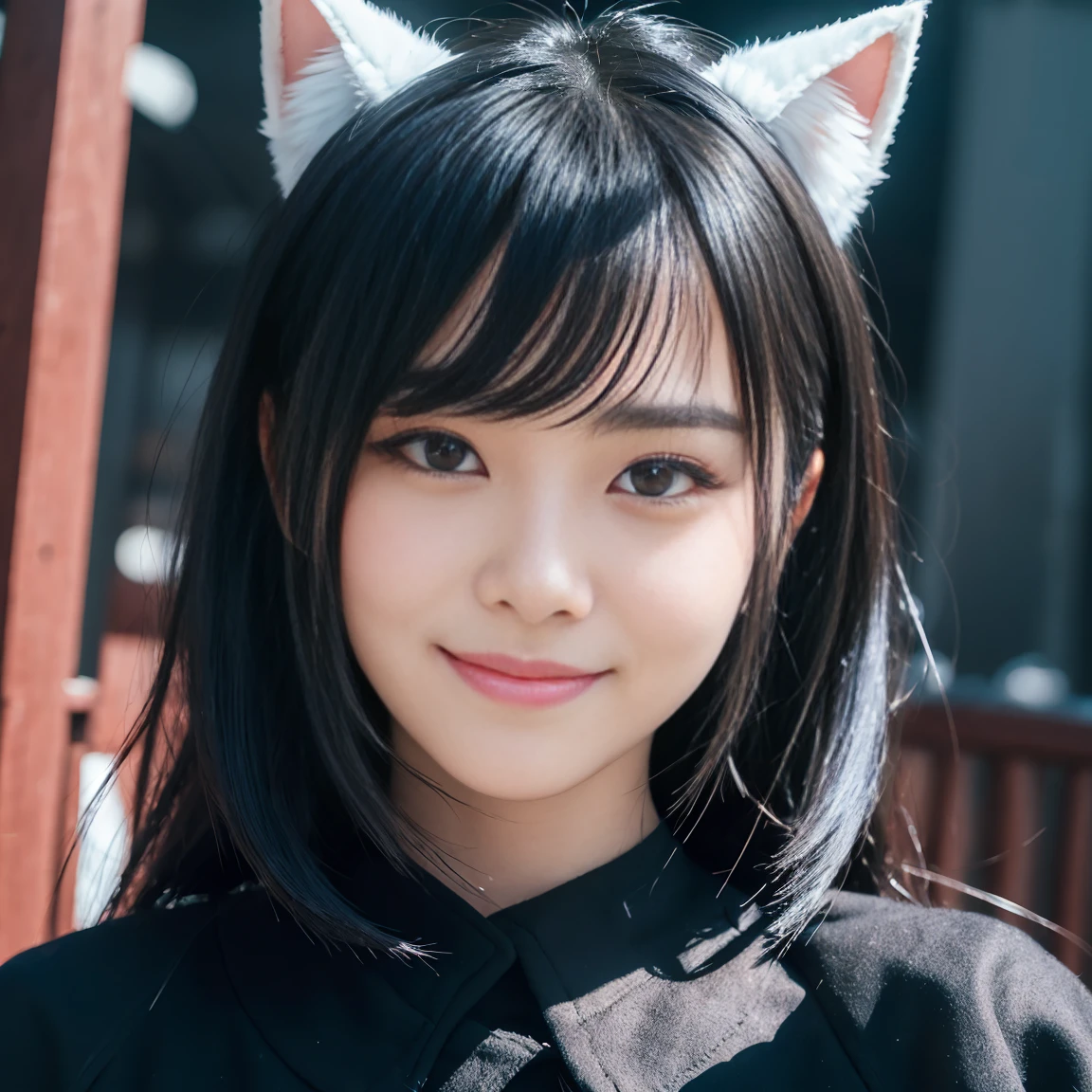 black hair, hair bobbles, wince, longeyelashes, solid circle eyes, fake animal ears, light smile, ear blush, fang, ccurate, Surrealism, drop shadow, anaglyph, stereogram, tachi-e, pov, atmospheric perspective, 8k, super detail, best quality