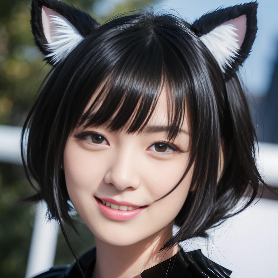 black hair, hair bobbles, wince, longeyelashes, solid circle eyes, fake animal ears, light smile, ear blush, fang, ccurate, Surrealism, drop shadow, anaglyph, stereogram, tachi-e, pov, atmospheric perspective, 8k, super detail, best quality