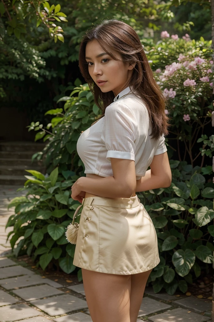 [((Sophie Tan:1.3)), a young and attractive Asian woman, posing in a secluded garden in a Southeast Asian city. She is wearing ((a mini skirt that has blown up, revealing her buttocks, paired with a fitted blouse:1.3)). Her hair is styled in soft curls, and she has a seductive, alluring expression. The background features lush greenery, flowers, and a stone pathway. The scene is captured with a ((mirrorless camera:1.2)) using a ((35mm prime lens:1.2)) to keep Sophie in sharp focus while the background is slightly blurred. Post-production enhances the natural colors and adds a ((soft bokeh effect:1.1)) to the background. The image should be in ((8K resolution:1.1)) with ((hyper-realistic detail:1.3)). The backdrop highlights the lush garden setting with detailed textures of plants and flowers. The focus is on Sophie’s blown-up mini skirt exposing her buttocks, capturing a seductive and alluring scene. Daylight is used with slight enhancements to create a bright and inviting atmosphere, with a ((soft bokeh effect:1.1)) on the background, enhanced vibrancy, and high contrast to make the scene pop. Sophie is standing with one hand gently touching her mini skirt, looking off to the side with a seductive expression, exuding elegance and allure, embodying street chic.]