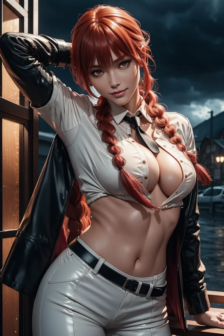 Chainsaw Man,Makima,With bangs,Red Hair,Braids at the back,Golden Eyes,White long sleeve shirt,Black tie,Black Leather Pants,Ultra HD,super high quality,masterpiece,Digital SLR,Photorealistic,Detailed details,Vivid details,Depicted in detail,A detailed face,Detailed details,Super Detail,Realistic skin texture,Anatomical basis,Perfect Anatomy,Anatomically correct hand,Anatomically correct fingers,Complex 3D rendering,Sexy pose,Rainy Sky,Beautiful scenery,Fantastic rainy sky,Picturesque,Pink Lips,smile,