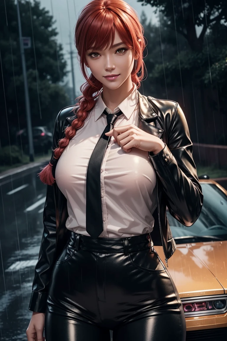 Chainsaw Man,Makima,With bangs,Red Hair,Braids at the back,Golden Eyes,White long sleeve shirt,Black tie,Black Leather Pants,Ultra HD,super high quality,masterpiece,Digital SLR,Photorealistic,Detailed details,Vivid details,Depicted in detail,A detailed face,Detailed details,Super Detail,Realistic skin texture,Anatomical basis,Perfect Anatomy,Anatomically correct hand,Anatomically correct fingers,Complex 3D rendering,Sexy pose,Rainy Sky,Beautiful scenery,Fantastic rainy sky,Picturesque,Pink Lips,smile,