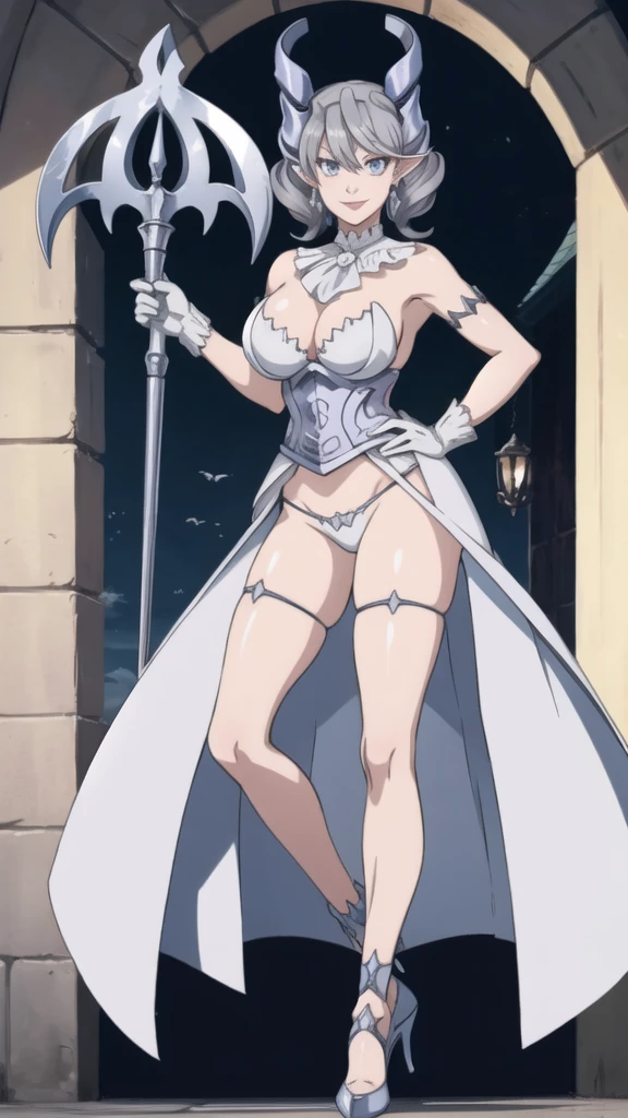 Outside castle top High level image quality best image quality 8K adult woman silver castle outside more colors whole body view portrait bikini horn ears short hair((shortcut)(gray hair)(perm)(fluffy)) eye color is blue , , attractive evil face , smile , sexy pose , labrynth , barearm , gloves , wearing pink , standing , crossed legs, view heels , view below