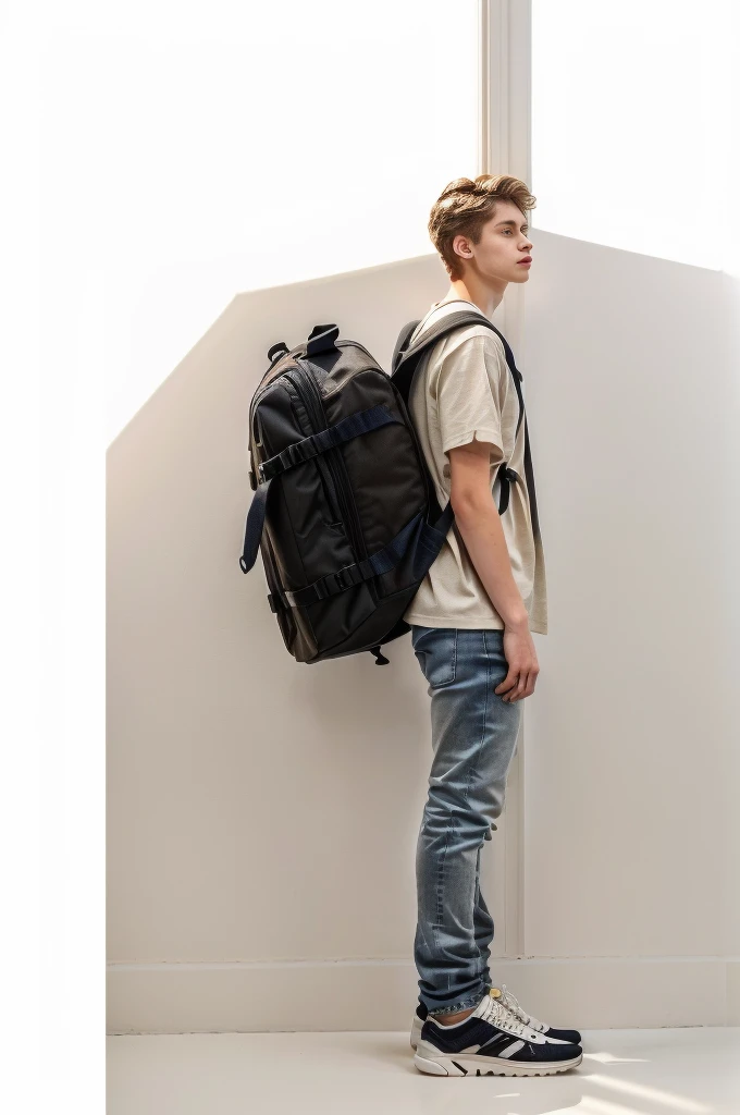 An 18-year-old,Swedish man,充满masculinity的年轻男子, side,whole body,(Light gray top:1.37),(jeans:1.37),Black sneakers,Golden brown hair , Light brown eyes, masculinity,Carrying a backpack的Swedish man站在那里,Carrying a backpack, Full length view, Carrying a big bag, Full Height View, distant whole body视图, whole body广角镜头, Studio white background