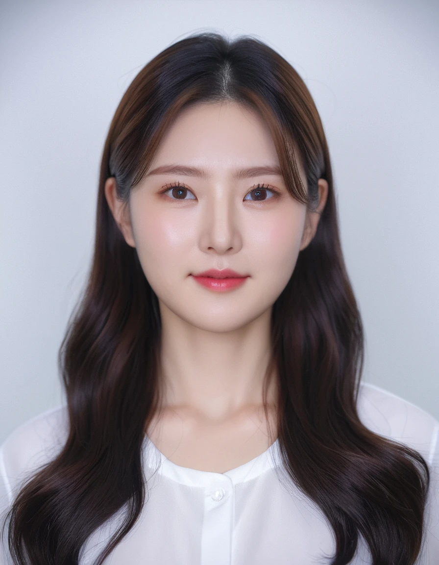 Best Quality, 8k, Masterpiece, (Portrait: 1.3), (photo realistic:1.4), (hyper realistic:1.4), Sharp Focus, looking at viewer, (smoother lighting:1.1), (increase cinematic lighting quality:0.9), realistic lighting, backlighting, light on face, ray trace, (brightening light:1.2), (Increase quality:1.4), sharp detail, (best quality real texture skin:1.4), finely detailed eyes, black_eyes, finely detailed face, 25 year old Korean woman, (white formal_shirt:1.4), (Create an image maintaining the original base model hairstyle:1.5)