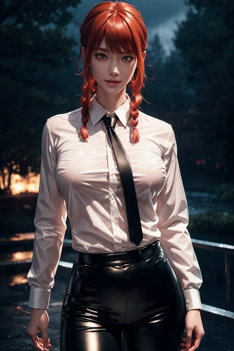 Chainsaw Man,Makima,With bangs,Red Hair,Braids at the back,Golden Eyes,White long sleeve shirt,Black tie,Black Leather Pants,Ultra HD,super high quality,masterpiece,Digital SLR,Photorealistic,Detailed details,Vivid details,Depicted in detail,A detailed face,Detailed details,Super Detail,Realistic skin texture,Anatomical basis,Perfect Anatomy,Anatomically correct hand,Anatomically correct fingers,Complex 3D rendering,Sexy pose,Rainy Sky,Beautiful scenery,Fantastic rainy sky,Picturesque,Pink Lips,smile,