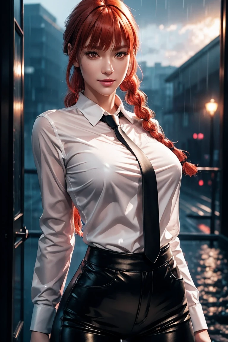 Chainsaw Man,Makima,With bangs,Red Hair,Braids at the back,Golden Eyes,White long sleeve shirt,Black tie,Black Leather Pants,Ultra HD,super high quality,masterpiece,Digital SLR,Photorealistic,Detailed details,Vivid details,Depicted in detail,A detailed face,Detailed details,Super Detail,Realistic skin texture,Anatomical basis,Perfect Anatomy,Anatomically correct hand,Anatomically correct fingers,Complex 3D rendering,Sexy pose,Rainy Sky,Beautiful scenery,Fantastic rainy sky,Picturesque,Pink Lips,smile,
