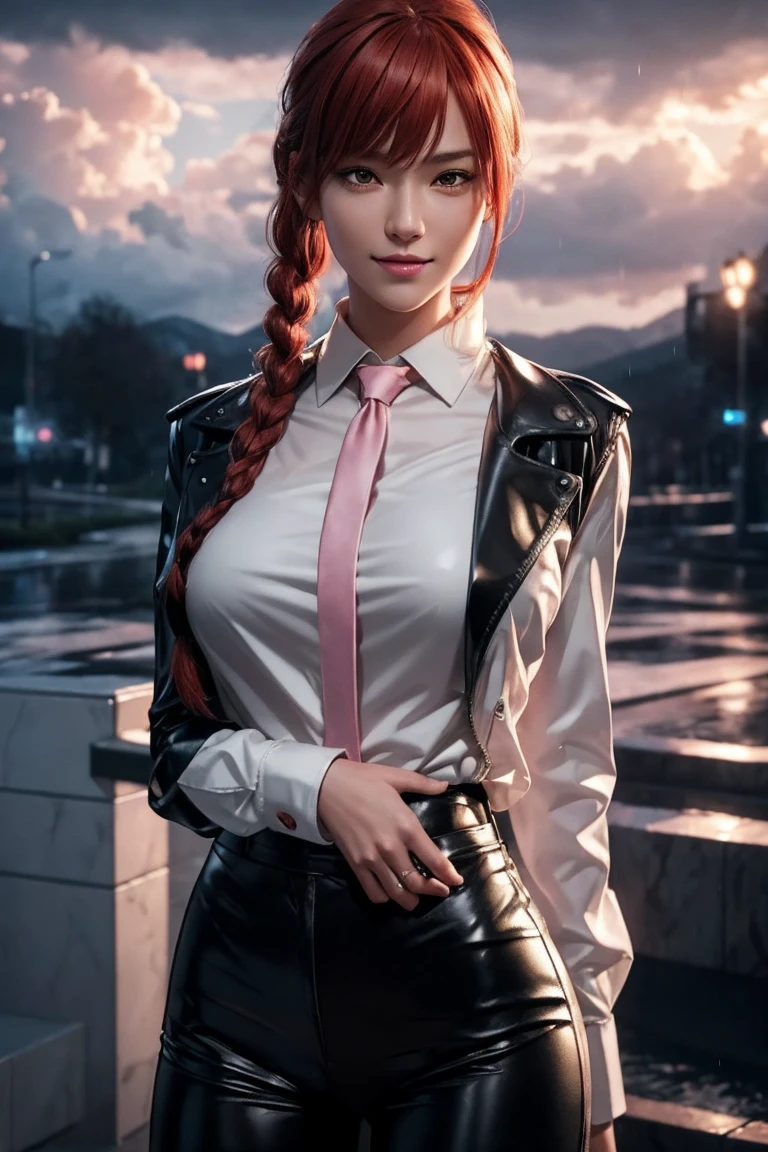 Chainsaw Man,Makima,With bangs,Red Hair,Braids at the back,Golden Eyes,White long sleeve shirt,Black tie,Black Leather Pants,Ultra HD,super high quality,masterpiece,Digital SLR,Photorealistic,Detailed details,Vivid details,Depicted in detail,A detailed face,Detailed details,Super Detail,Realistic skin texture,Anatomical basis,Perfect Anatomy,Anatomically correct hand,Anatomically correct fingers,Complex 3D rendering,Sexy pose,Rainy Sky,Beautiful scenery,Fantastic rainy sky,Picturesque,Pink Lips,smile,