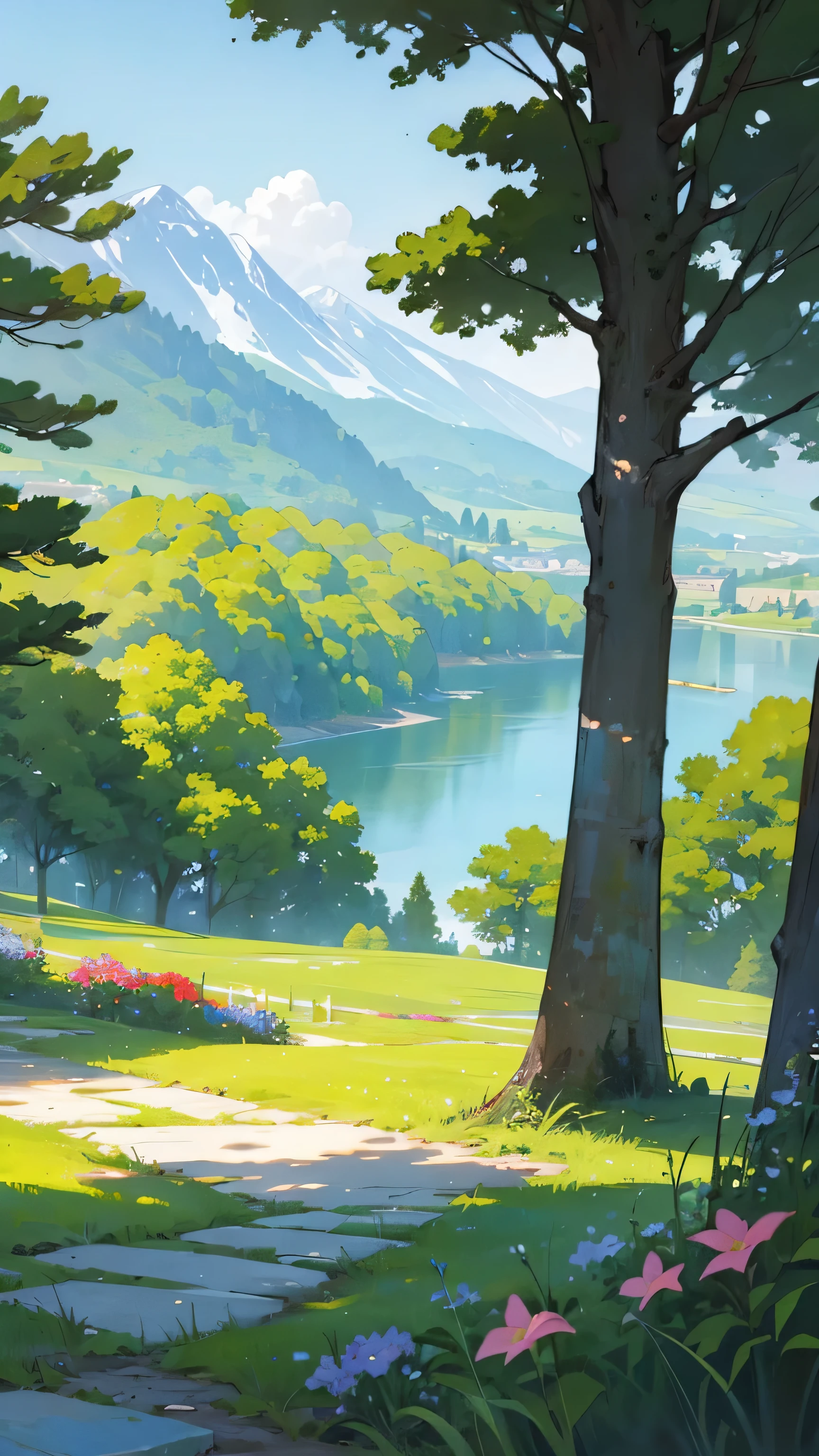 A realistic artistic painting place should be surrounded by natural beauty, such as a green garden with colorful trees and flowers. There could be a view of a wonderful landscape, such as a quiet lake or mountains in the background. The sun is shining brightly, illuminating the place beautifully, and in addition, the moon can be seen in the sky.”