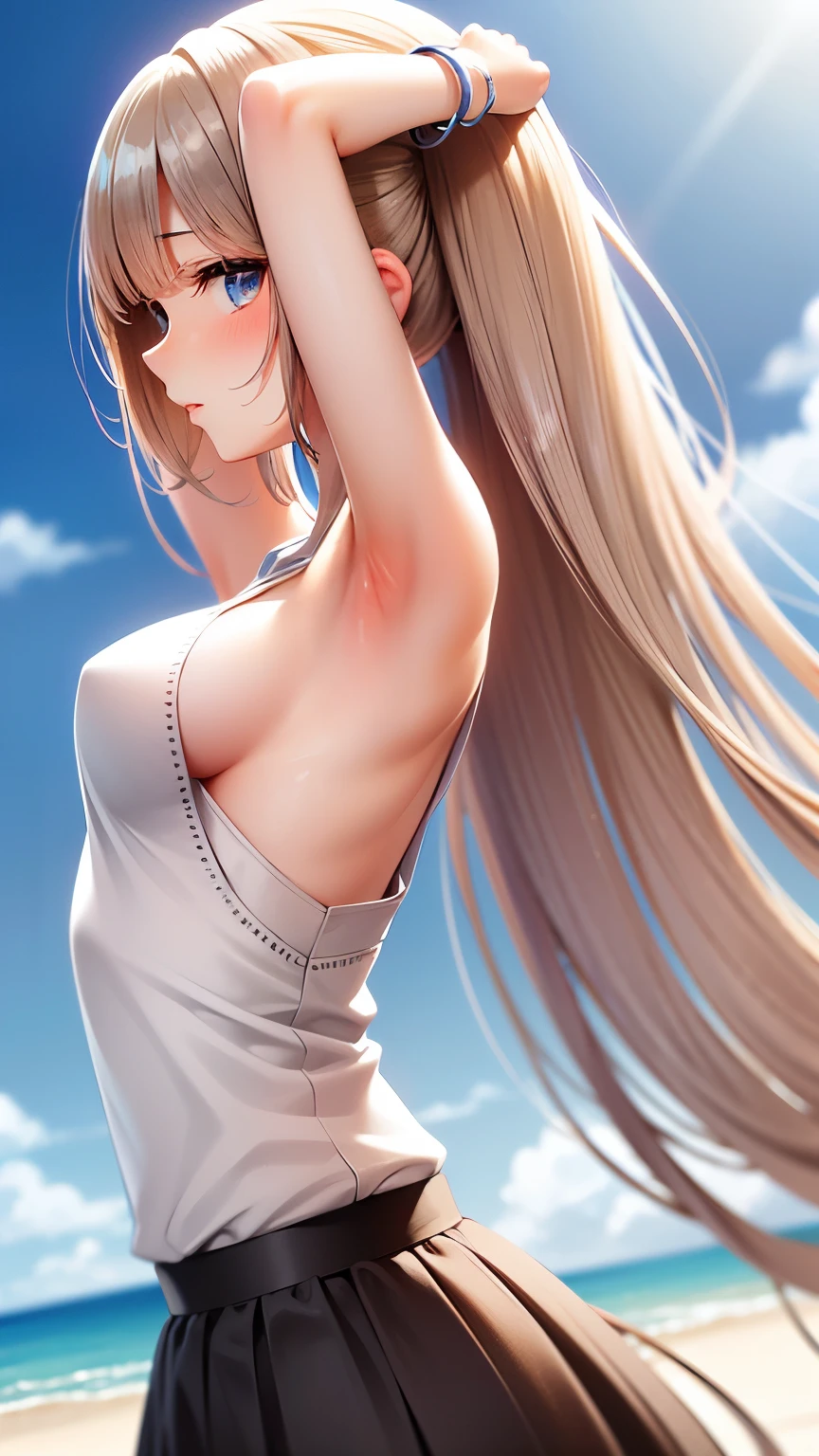 master piece , best quality , detailed , woman , bangs , dresses , standing , hands up , armpit , (from side) , beach, Shiny platinum blonde silk super long straight hair, beautiful shiny bangs, big clear sky blue eyes, very beautiful bright eye highlights, Embarrassing, Blushing