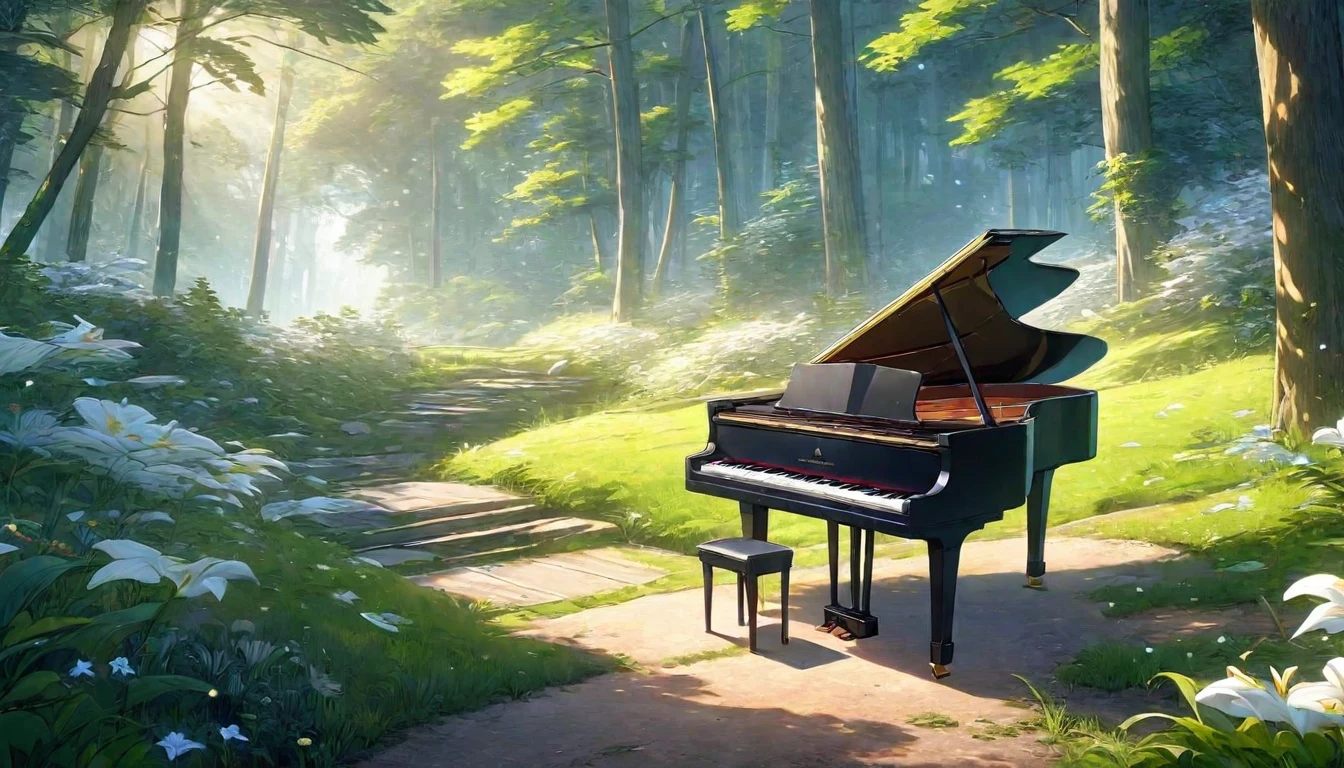 There is a piano on the forest path, Anime Background art, Beautiful peaceful scene in anime, Anime Art Wallpapers 8K, Background artwork, Anime Rush John 8k Woods, Relaxing concept art, anime nature wallpapers, anime art wallpaper 4k, anime art wallpaper 4k, arte koto no ha no niwa, Beautiful anime scenery, Anime Background、White lily flower