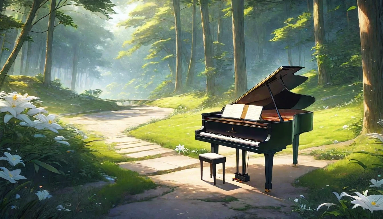 There is a piano on the forest path, Anime Background art, Beautiful peaceful scene in anime, Anime Art Wallpapers 8K, Background artwork, Anime Rush John 8k Woods, Relaxing concept art, anime nature wallpapers, anime art wallpaper 4k, anime art wallpaper 4k, arte koto no ha no niwa, Beautiful anime scenery, Anime Background、White lily flower