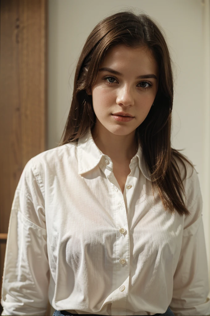 a young white woman wearing a red button-down shirt. Shot with kodak porta 400 film (--c 0)