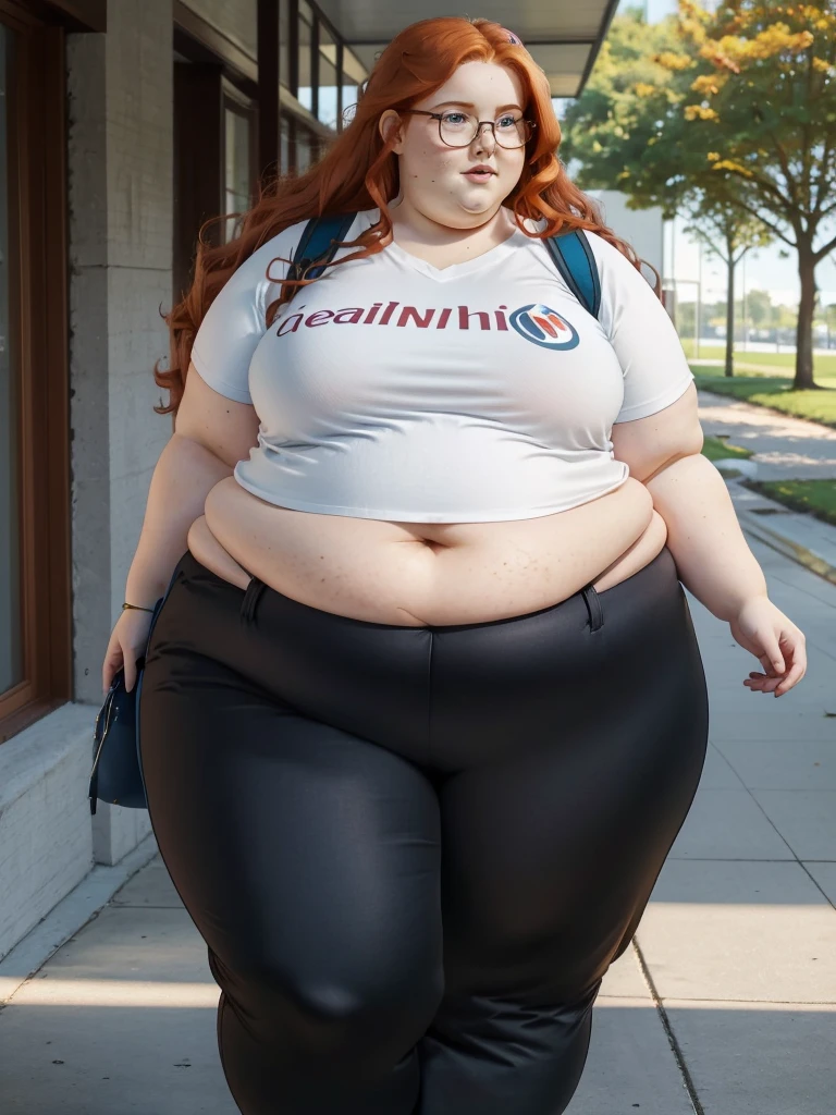 A peaceful photo of a young cute nerdy redhead bbw student with long wavy ginger hair soft fat belly, wide fat obese hips, thick fat legs and fat arms, cute pretty face, small breasts, blue eyes, freckles, in nerdy tight belly covering shirt and trousers, wearing a backpack in front of a school