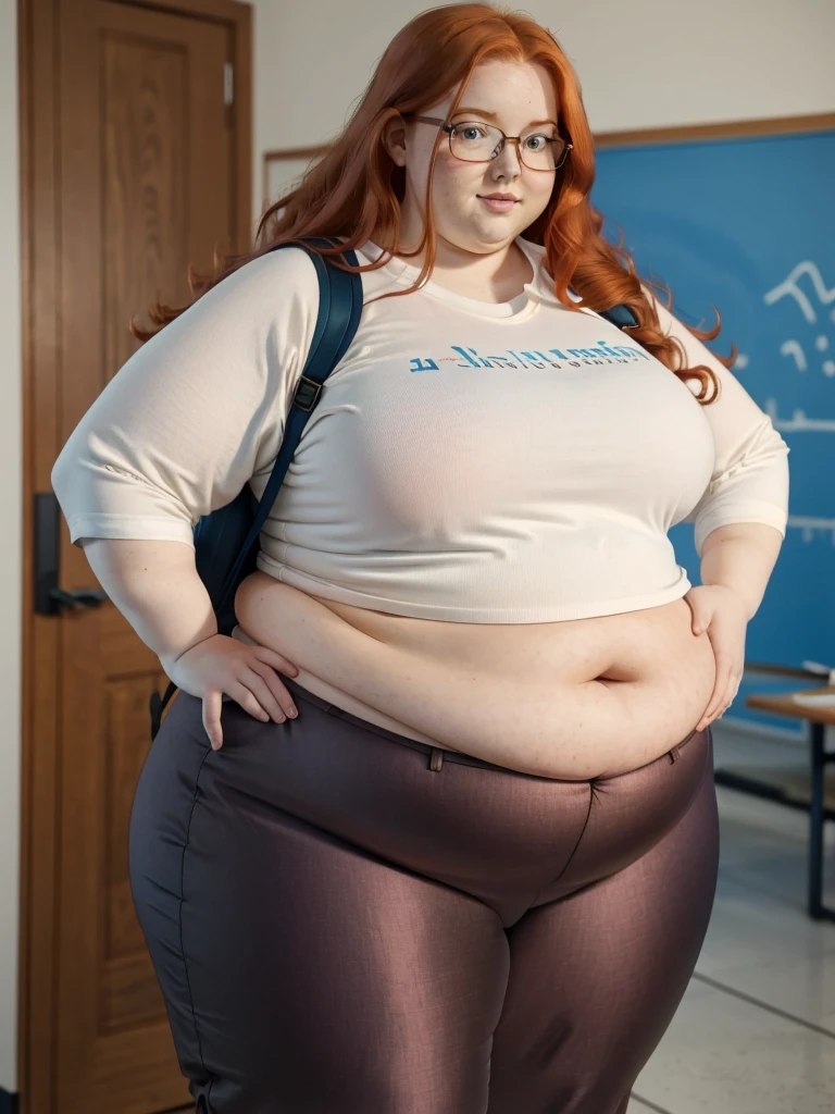 A peaceful photo of a young cute nerdy redhead bbw student with long wavy ginger hair soft fat belly, wide fat obese hips, thick fat legs and fat arms, cute pretty face, small breasts, blue eyes, freckles, in nerdy tight belly covering shirt and trousers, wearing a backpack in front of a school