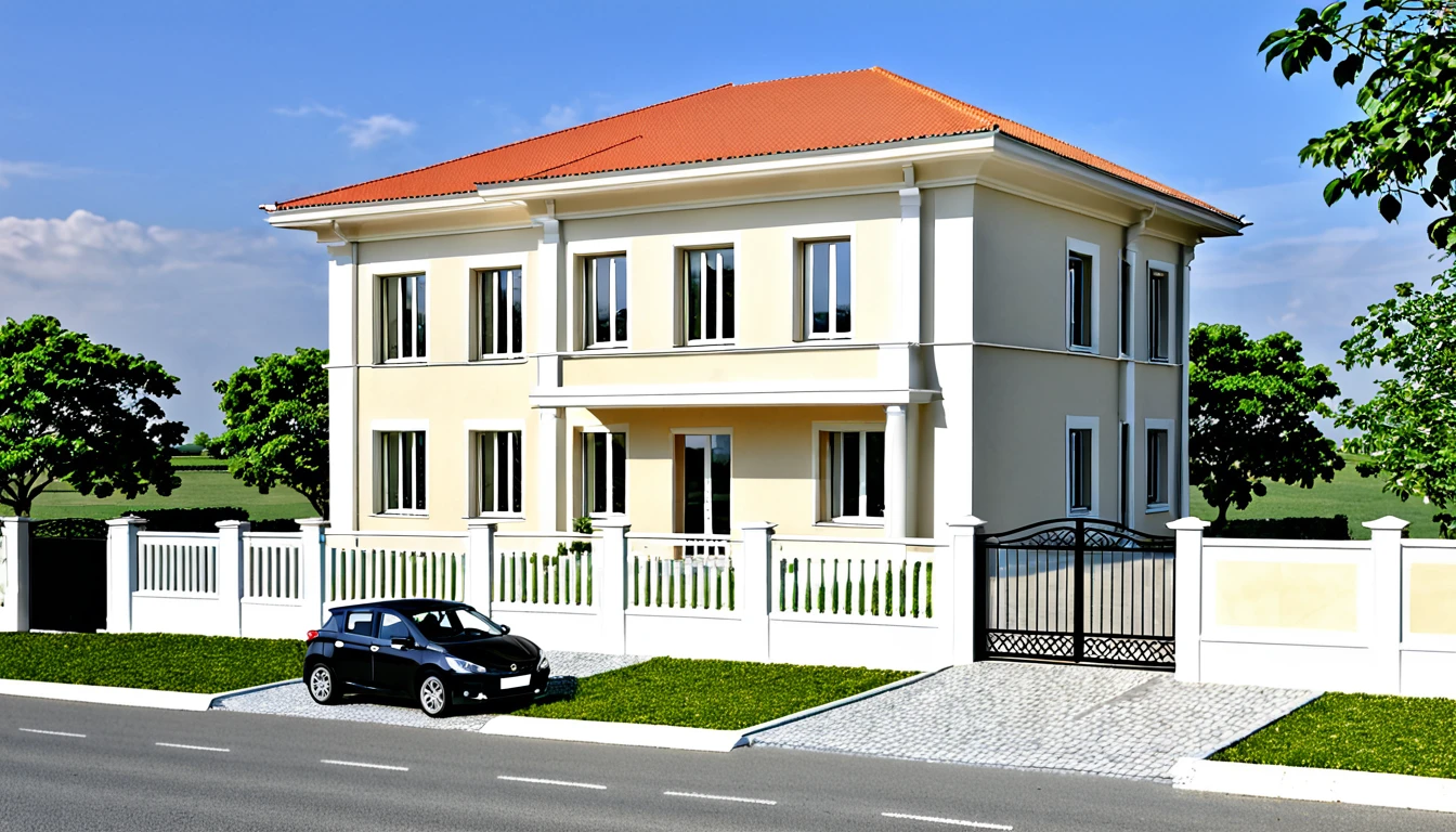maison arafée avec une voiture garée devant, face avant view, d rendre, Résidentiel, villa interdimensionnelle, vue de face, Bureau, front vue en élévation, Bureau building, vue de face, bâtiment faisant face, vue de perspective, vue de face, maison complète, vue complète, face avant, Phuoc Quan, vue en élévation, Vue complète, le rendu