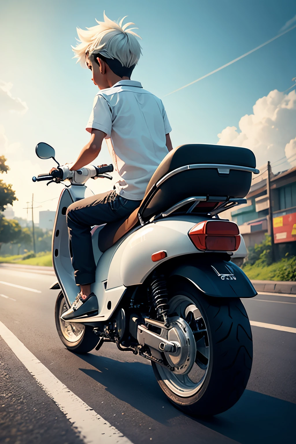 A boy Back side on white scooty on road going
Make it 2d animation,