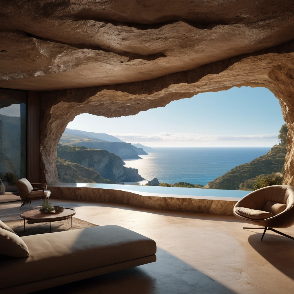 (detailed face), (photorealistic), (masterpiece), (photography), (realistic skin texture),  cinematic lighting, 
living room of a luxurious house that is inside a natural cave, with a glass window where you can see the beach and mountains in the background