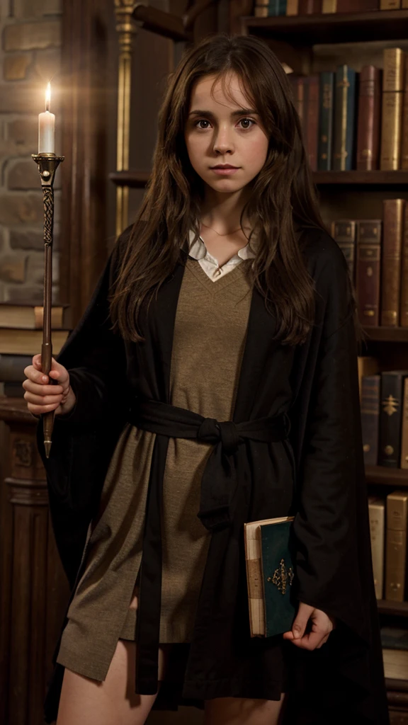 Create an image of Hermione Granger from the Harry Potter series.

Description:

A young girl with bushy brown hair.
Wearing a  with a black robe.
Holding a book or a wand.
Background: A magical setting, such as a castle or library.