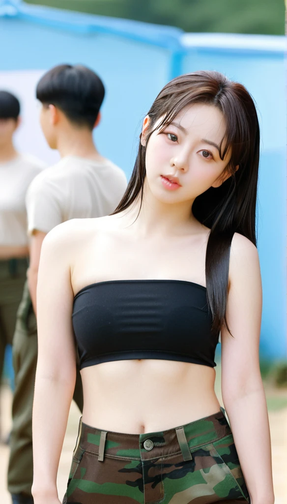 close-up of beautiful South Korean, Kim Sohee is a ex-ALICE South Korean pop girl group, age 24 years old girl, youthful face, perfect body, white body skin, long cut, black hair, straight hair, flat bangs cut, 36 inches breasts size, wearing a plain standard black strapless tube top, wearing a tight camouflage mini short leggings, Sohee holding breasts with her own two hands is very sexy and sigh, Sohee squeezes the breasts very seductively, Sohee lowered her strapless tube top a little bit, Sohee sits on the male-only male-only military training camp, Sohee pees in the male-only military training camp with a sigh and seductive, Sohee pees, Sohee peed herself until she was wet, ((peeing self)), ((wet pee)), ((Sohee was visited by male soldiers)), Sohee's hair was held by one of the male soldiers, then the male soldier held a scissor to cut Sohee's hair, Sohee's hair was cut short by male soldiers using a scissor, ((Sohee's hair was cut short by male soldiers using a scissor)), strand by strand Sohee's hair fell to the floor, ((the rest of Sohee's hair fell to the floor)), Sohee felt aroused and tense when her hair was cut by the male soldier, ((Sohee felt aroused and tense when her hair was cut by the male soldier)), sexy looking pose, pose a naughty look, pose looks seductive, at the male-only military training camp, male-only military training camp background, UHD