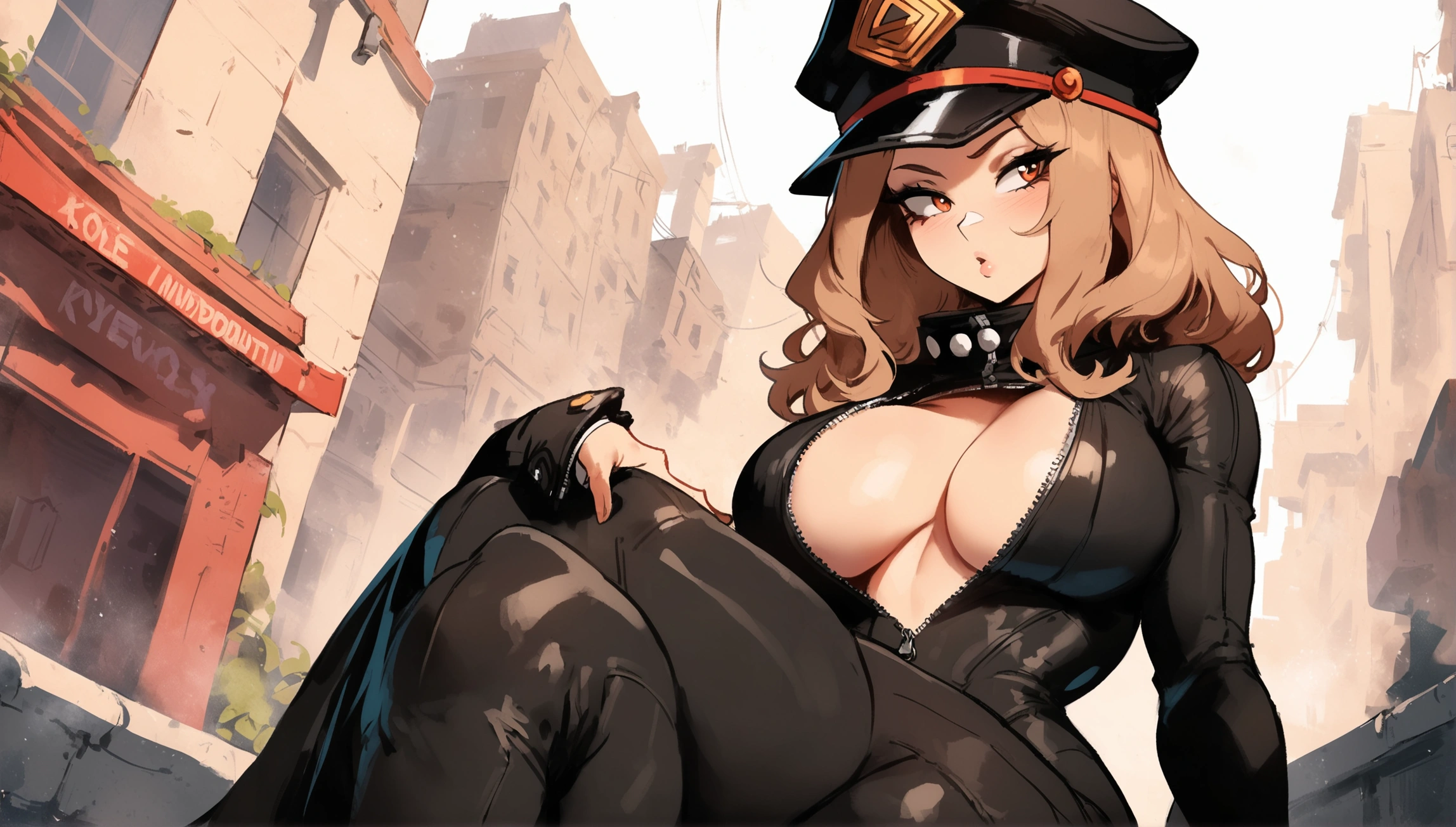 1girl, utsushimi kemii, boku no hero academia \\\\\ masterpiece, best quality, very aesthetic, absurdres, newest \\\\\\ slim body,///// by dodok,by nyantcha,cutesexyrobutts , by khyle,,//////light brown hair  , cap,  black catsuit .  , dark brown eyes, zipper running down the middle, left slightly down to reveal her cleavage, sitting, crossed legs,big tits, city,  She wears white cuffs around her wrists 
