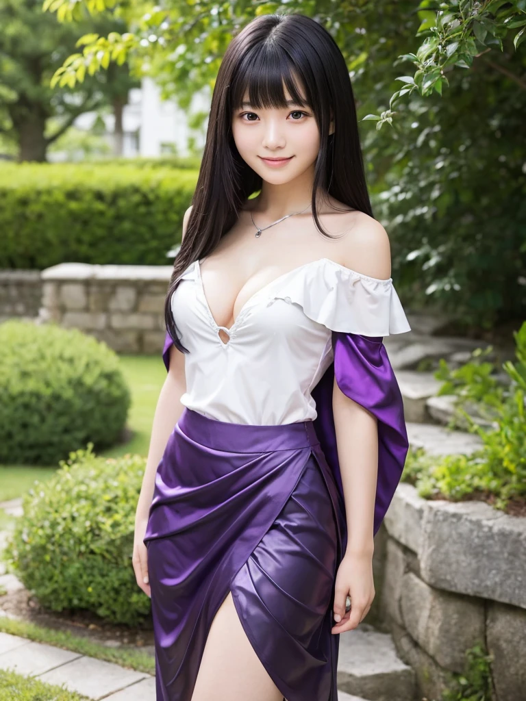 beautiful young japanese girl, , virgin, pure and innocent atmosphere, in front of a lord's manor, (off-shoulder silver breastplate, purple slit skirt), full body, standing, coy demonic smile, white teeth, blushing, fidgeting hands, translucent skin, hands clasped in front, small breasts, cleavage, beautiful legs, glossy straight medium black hair, asymmetrical bangs, greeting
