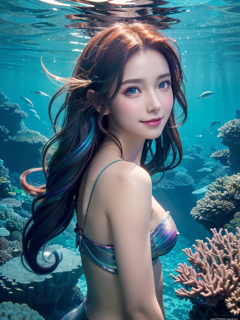 (best quality,4k,8k,highres,masterpiece:1.2),ultra-detailed,(realistic,photorealistic,photo-realistic:1.37),illustration,mermaid,fantasy,blue-green color palette | a beautiful girl with long, flowing red hair, sparkling detailed eyes, and luscious lips, transforming into a mesmerizing mermaid underwater in the vast sea. The underwater scene is filled with vibrant colors, showcasing the enchanting beauty of the ocean. The mermaid gracefully swims, surrounded by coral reefs, schools of exotic fish, and swaying sea plants. Sunlight streams through the water, casting a magical glow on the mermaid's iridescent scales. The whole image is filled with a sense of wonder and mystery, evoking the captivating allure of the mythical mermaid,(light smile:1.2)