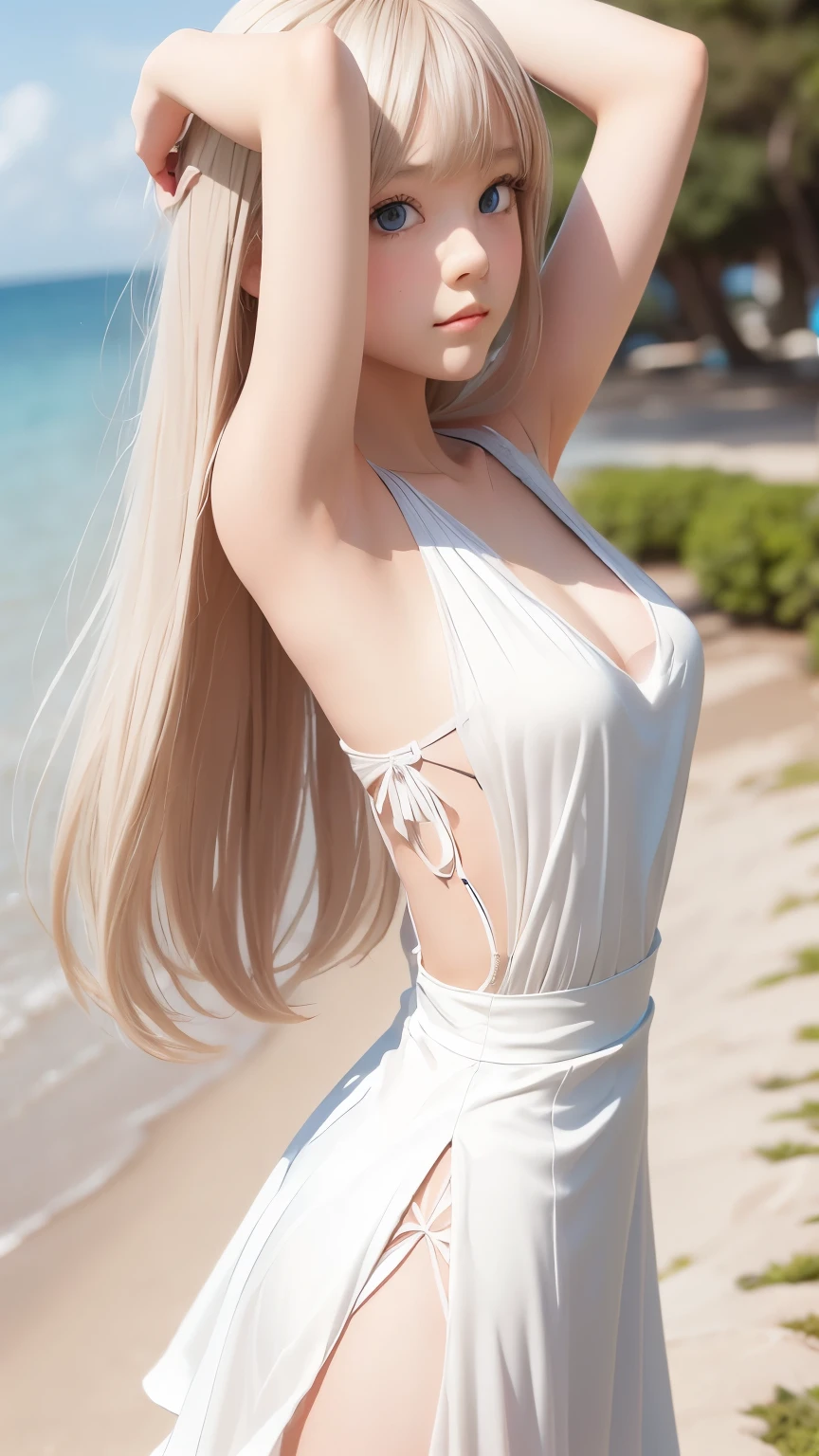 master piece , best quality , detailed , woman , bangs , dresses , standing , hands up , armpit , (from side) , beach, Shiny platinum blonde silk super long straight hair, beautiful shiny bangs, big clear sky blue eyes, very beautiful bright eye highlights, Embarrassing, Blushing