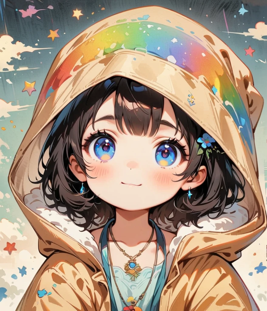 Cool face、Short black hair、When it rains, A rainbow appears。sunflower(masterpiece, Highest quality:1.2), Cartoon style character design, alone,Eyes with raised corners of the eyes,,interesting,interesting