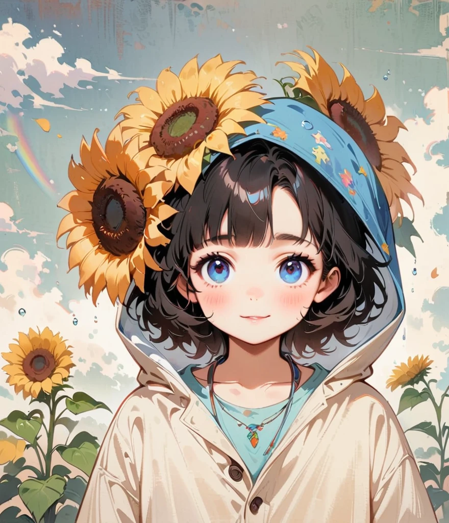 Cool face、Short black hair、When it rains, A rainbow appears。sunflower(masterpiece, Highest quality:1.2), Cartoon style character design， alone，Eyes with raised corners of the eyes，，interesting，interesting