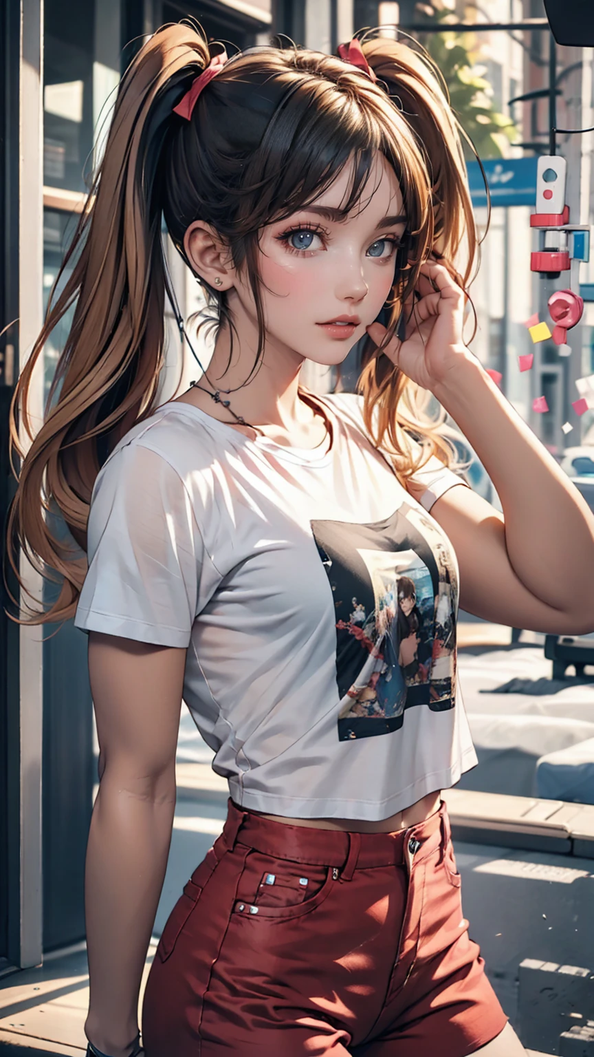 18-year-old female、Twin tails、Hot pants on a t-shirt、A typical teenage girl&#39;s room、Playing guitar、Headphones are hanging around your neck