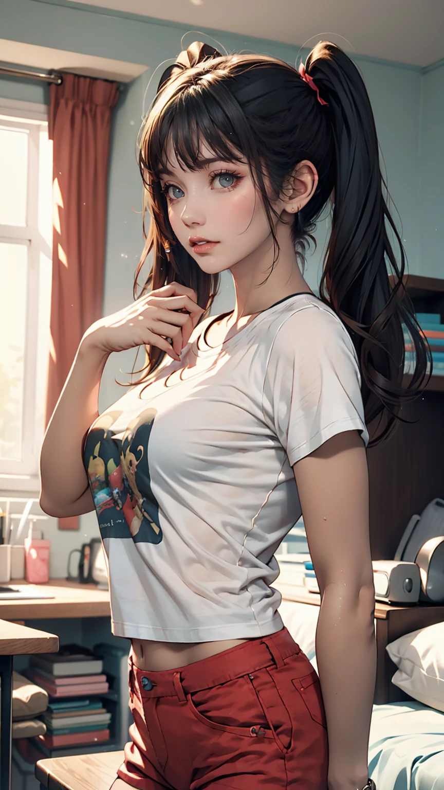 18-year-old female、Twin tails、Hot pants on a t-shirt、A typical teenage girl's room、Playing guitar、Headphones are hanging around your neck