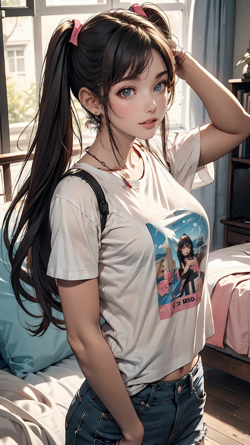 18-year-old female、Twin tails、Hot pants on a t-shirt、A typical teenage girl&#39;s room、Playing guitar、Headphones are hanging around your neck