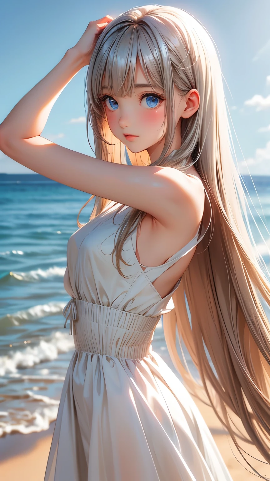 master piece , best quality , detailed , woman , bangs , dresses , standing , hands up , armpit , (from side) , beach, Shiny platinum blonde silk super long straight hair, beautiful shiny bangs, big clear sky blue eyes, very beautiful bright eye highlights, Embarrassing, Blushing