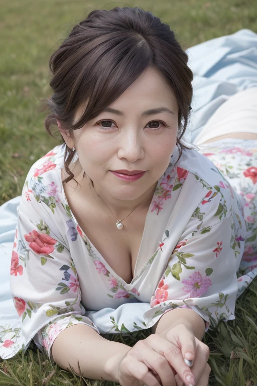 Beautiful mature 55 year old Japanese woman, Married women, Fine lines, Long eyelashes, Shining Eyes, Low Ponytail, Red lipstick, elegant, Gorgeous figure, Pearl Necklace, Summer clothes, Low-cut blouse, Floral print slit skirt, whole body, Lying on the green grass, Sprawled out, , (Highest quality,4K,8K,High resolution,masterpiece:1.2),Very detailed,(Realistic,photoRealistic,photo-Realistic:1.37),High resolution,超High resolution,Studio Lighting,Ultra-fine painting,Sharp focus,Physically Based Rendering,Very detailed説明,Professional,Vibrant colors,Bokeh,Portraiture